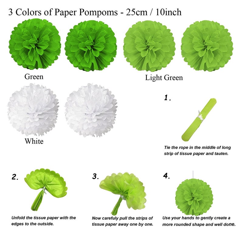 ZERODECO Birthday Party Decoration - Green & White Banner, Fans, Pom Poms, Balloons & More - Image 2